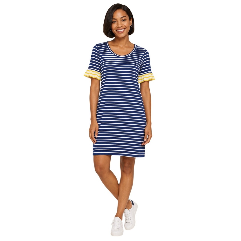 Boden Blue White Stripe Dress Yellow Ruffle Sleeve Cotton Modal Knit Size US 6